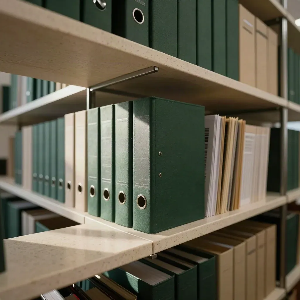Klimatfonden-arkiv med mörkgröna pärmar och provboxar i mjukt morgonljus.